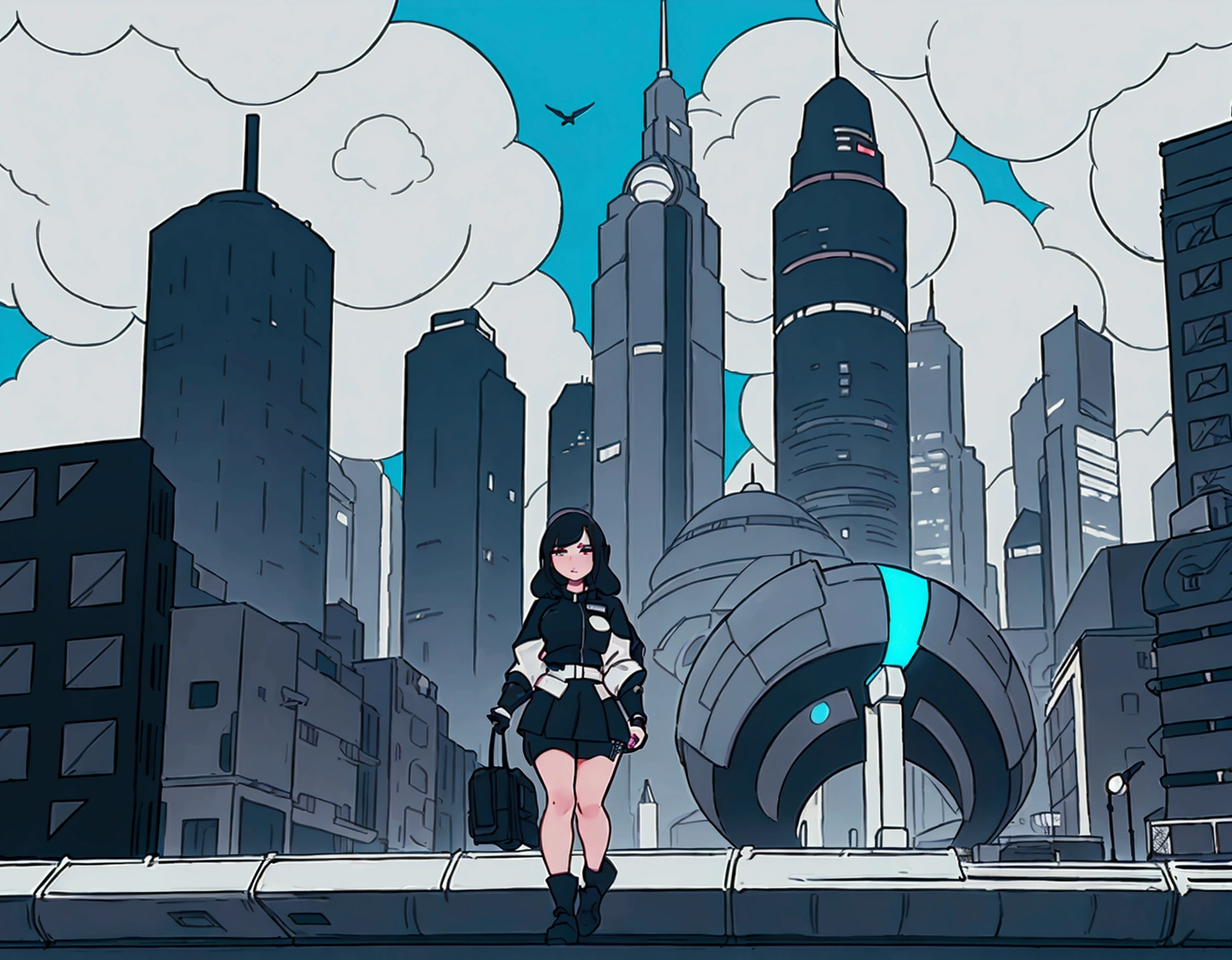 (full body view)  girl with dark hair and defined face, wearing a very short miniskirt,walking in a futuristic atompunk style park,in the middle of a futuristic city, outdoor scene with huge buildings googie art,(masterpiece,detailed) (high contrast)
