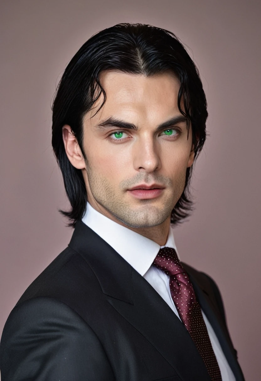 30 years old man. slightly long black hair, a little bangs falling on the forehead, bluish green eyes with golden dots, thin oval shaped face, thin, slightly red lips, serious and taciturn expression, wearing an entirely black suit, burgundy tie, Vampire appearance, he is the Ceo, virility, European man, BUSINESSMAN, sensual sexy man, Very beauthful, face without mustache or beard, it needs to be perfect and wonderful, very white skin. He's an erotic book character. masculinity