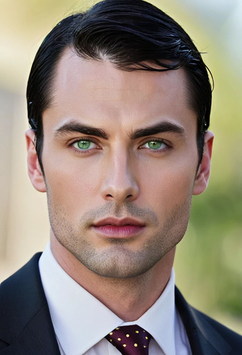 30 years old man. slightly long black hair, a little bangs falling on the forehead, bluish green eyes with golden dots, thin oval shaped face, thin, slightly red lips, serious and taciturn expression, wearing an entirely black suit, burgundy tie, Vampire appearance, he is the Ceo, virility, European man, BUSINESSMAN, sensual sexy man, Very beauthful, face without mustache or beard, it needs to be perfect and wonderful, very white skin. He's an erotic book character. masculinity