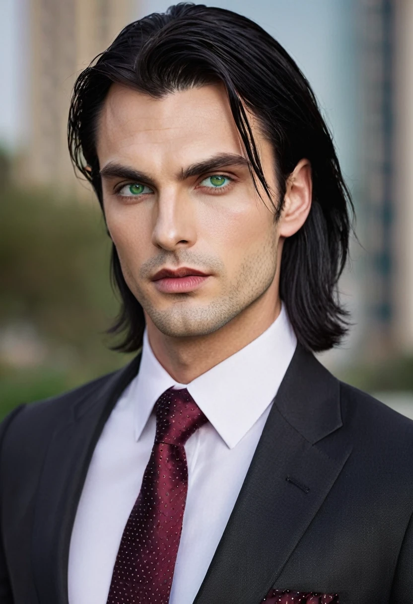 30 years old man. slightly long black hair, a little bangs falling on the forehead, bluish green eyes with golden dots, thin oval shaped face, thin, slightly red lips, serious and taciturn expression, wearing an entirely black suit, burgundy tie, Vampire appearance, he is the Ceo, virility, European man, BUSINESSMAN, sensual sexy man, Very beauthful, face without mustache or beard, it needs to be perfect and wonderful, very white skin. He's an erotic book character. masculinity