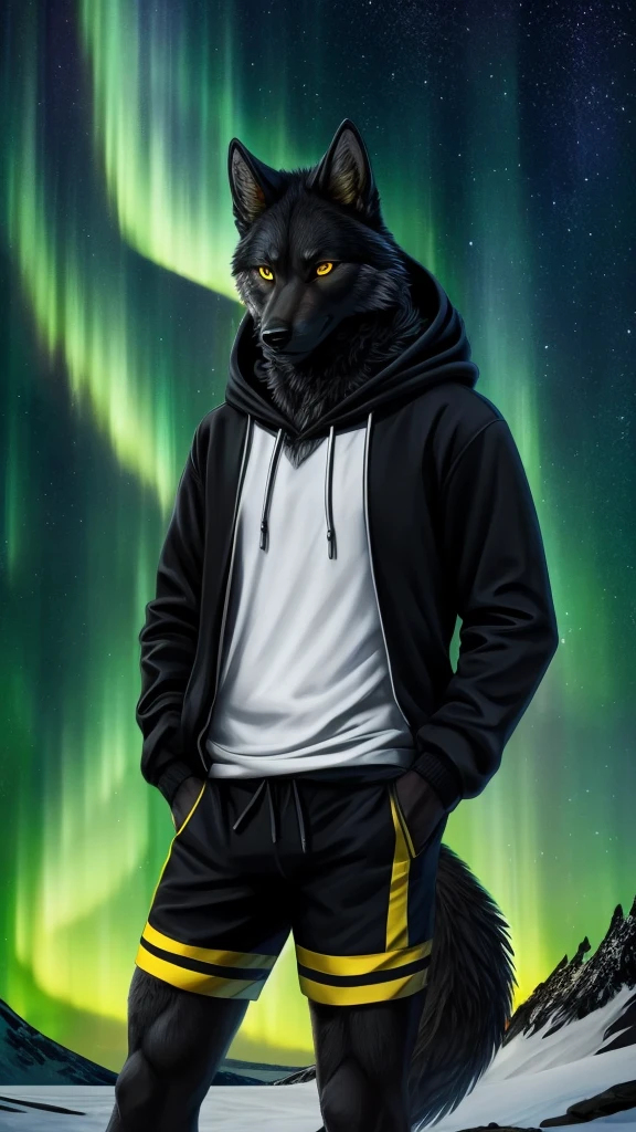 There is an anthropomorphic wolf with black fur and honey-yellow eyes wearing a white shirt and a black hoodie with yellow markings and blue and black shorts on the Northern Lights phenomenon
