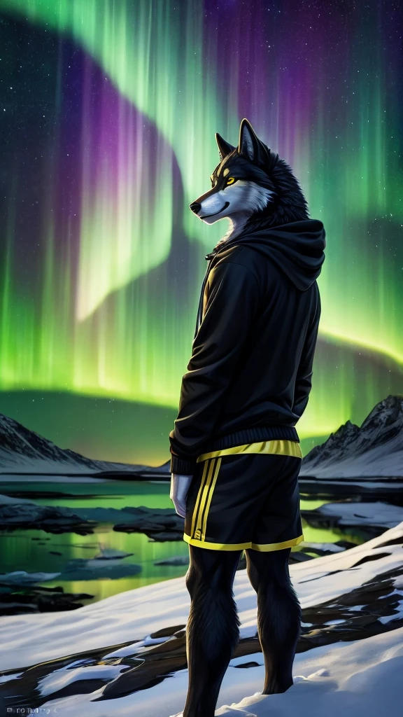 There is an anthropomorphic wolf with black fur and honey-yellow eyes wearing a white shirt and a black hoodie with yellow markings and blue and black shorts on the Northern Lights phenomenon