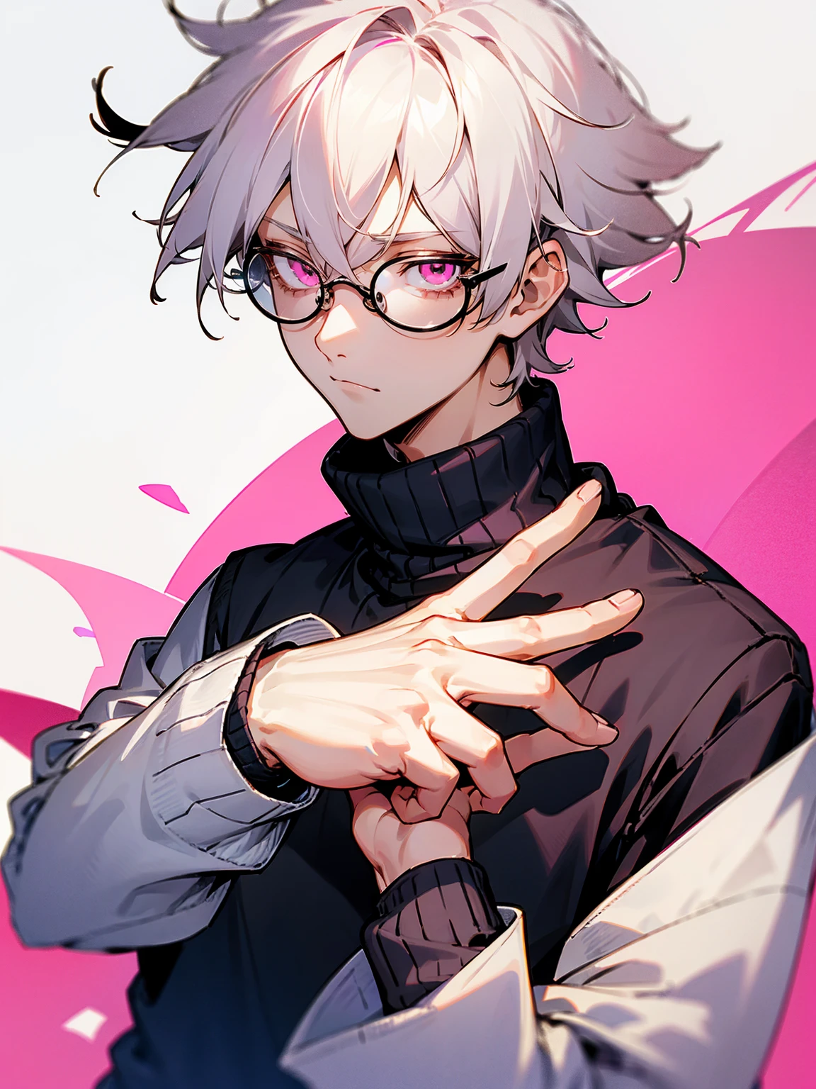 1male, white hair, messy hair, short hair, pink eyes, long sleeve sweater, circular glasses, lazy expression, class