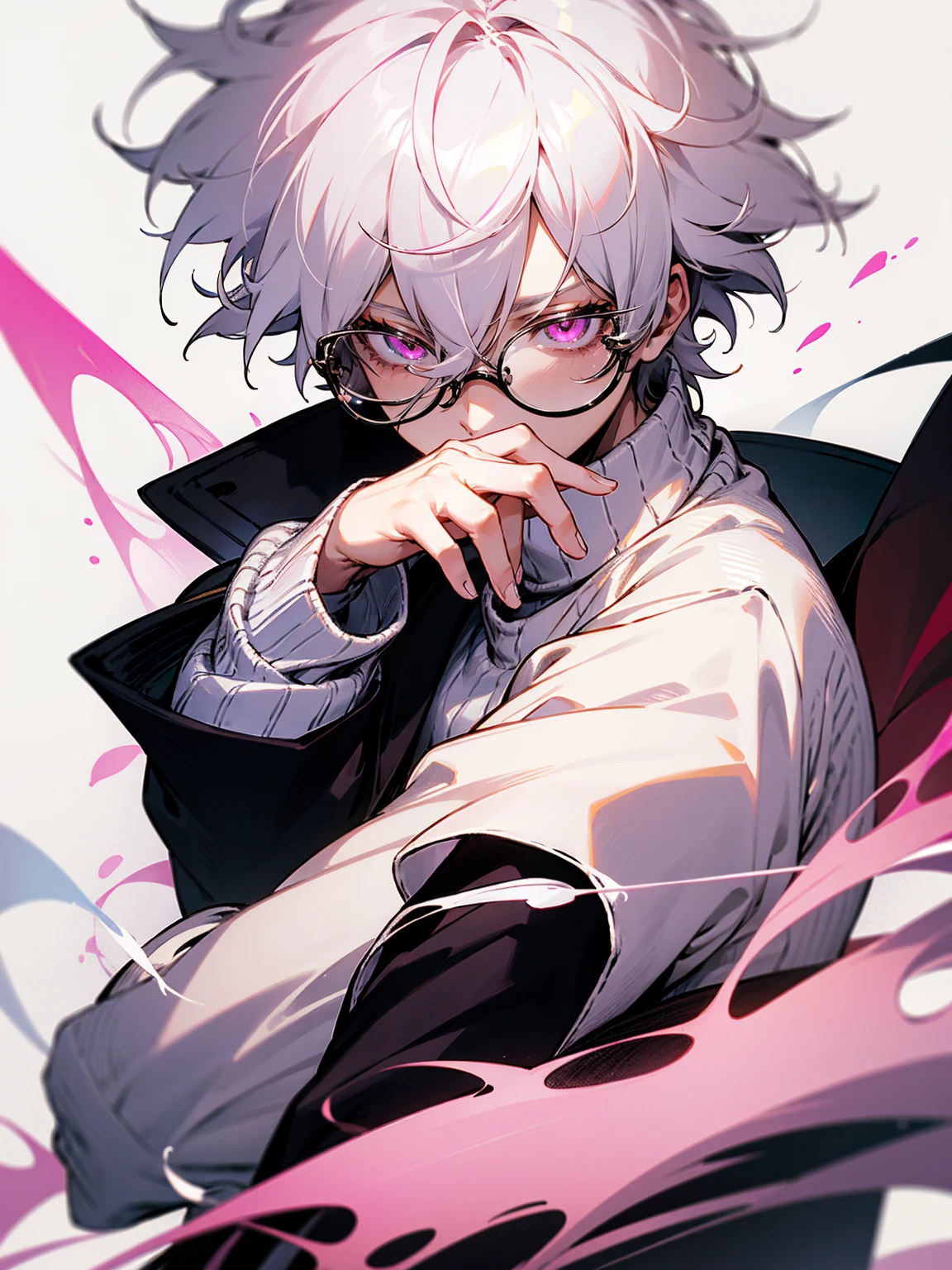 1male, white hair, messy hair, short hair, pink eyes, long sleeve sweater, circular glasses, lazy expression, class