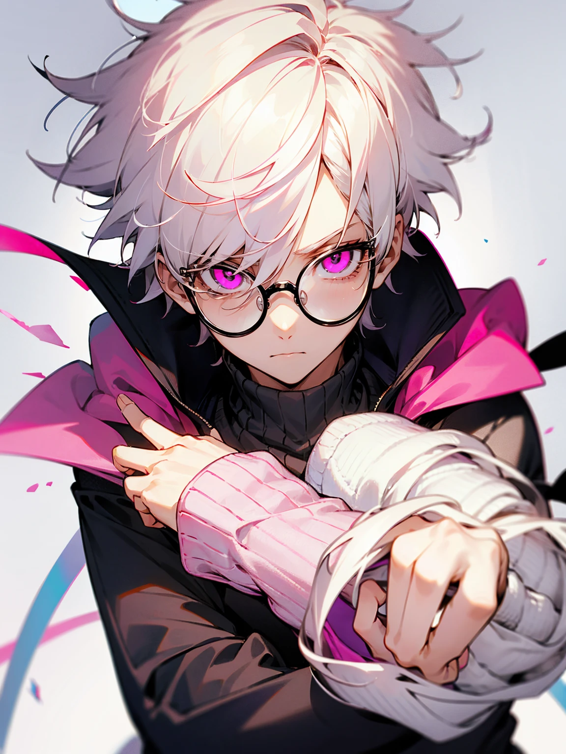 1male, white hair, messy hair, short hair, pink eyes, long sleeve sweater, circular glasses, lazy expression, class