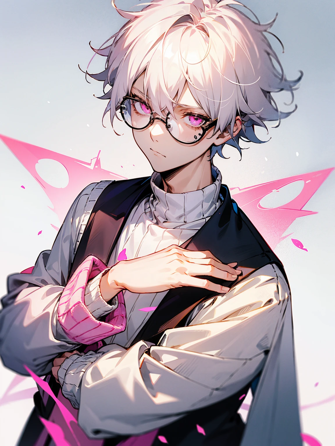 1male, white hair, messy hair, short hair, pink eyes, long sleeve sweater, circular glasses, lazy expression, class