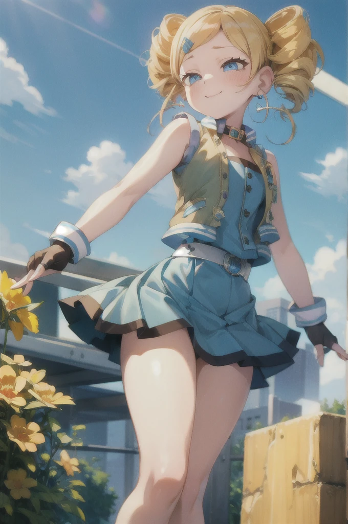 ppgzbb, blue eyes, blonde hair, twin drills, hairclip, earrings, vest, blue skirt, short skirt, boots, standing, forest 