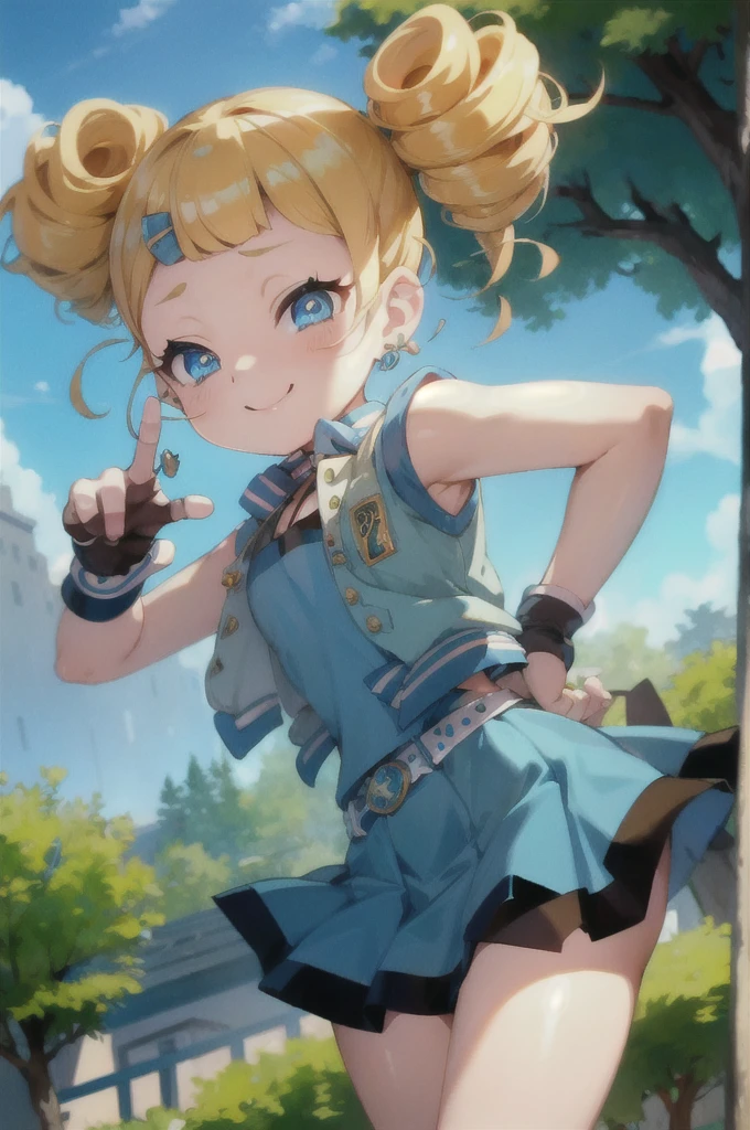 ppgzbb, blue eyes, blonde hair, twin drills, hairclip, earrings, vest, blue skirt, short skirt, boots, standing, forest