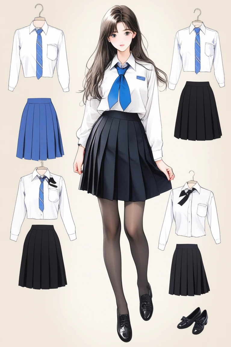 (Best quality, sketch:1.2),realistic,illustrator,anime,1 girl, details, [full length female mannequin], (photographic portrait), White shirt with blue tie, black skirt, sun skirt, fluffy skirt, knee length skirt, (black, nylon stockings), Low-heeled shoes, school shoes,  , black туфли, high-waisted skirt 