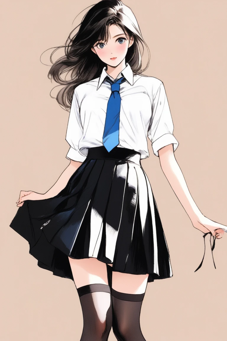 (Best quality, sketch:1.2),realistic,illustrator,anime,1 girl, details, [full length female mannequin], (photographic portrait), White shirt with blue tie, black skirt, sun skirt, fluffy skirt, knee length skirt, (black, nylon stockings), Low-heeled shoes, school shoes,  , black туфли, high-waisted skirt 
