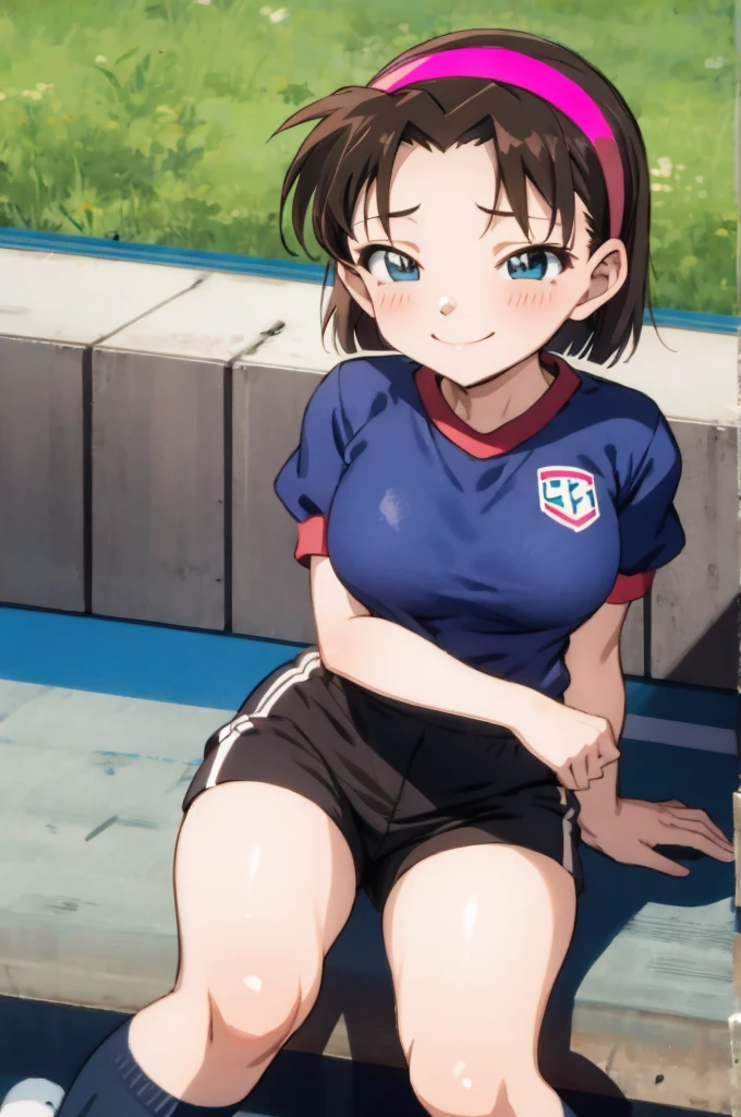 ayumiyoshida, , blue eyes, short hair, brown hair, bangs, hairband, school gym shirts,school gym shorts, smile, ,socks,,outdoor,medium breasts