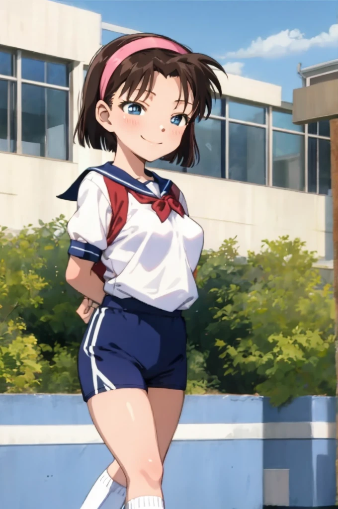 ayumiyoshida, , blue eyes, short hair, brown hair, bangs, hairband, school gym shirts,school gym shorts, smile, ,socks,,outdoor,medium breasts