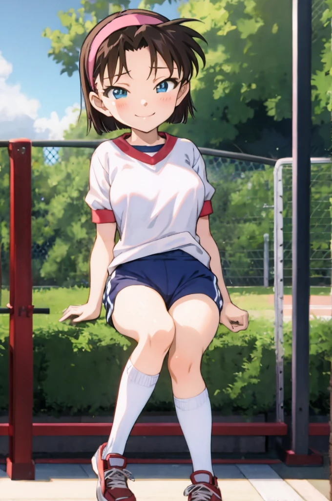 ayumiyoshida, , blue eyes, short hair, brown hair, bangs, hairband, school gym shirts,school gym shorts, smile, ,socks,,outdoor,medium breasts