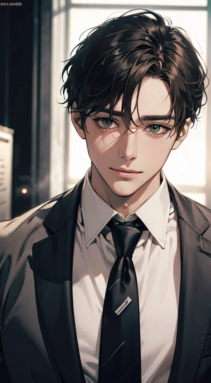 (Highest quality,4K,8K,High resolution,masterpiece:1.2),Super detailed,(Realistic,photoRealistic,photo-Realistic:1.37),1 person,34 years old,Mature Men,Beautiful skin、very handsome,Expressionless smile in love,Short gray brown hair,green eyes,Sharp Eyes,A perfect face without a doubt,Businessman, CEO, Office Background,Cinema Lighting,HDR image,tie、