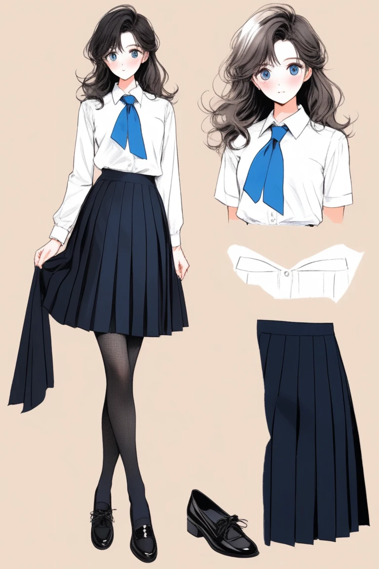 (Best quality, sketch:1.2),realistic,illustrator,anime,1 girl, details, [full length female mannequin], (photographic portrait), White shirt with blue tie, black skirt, sun skirt, fluffy skirt, knee length skirt, (black, nylon stockings), Low-heeled shoes, school shoes, black туфли, high-waisted skirt