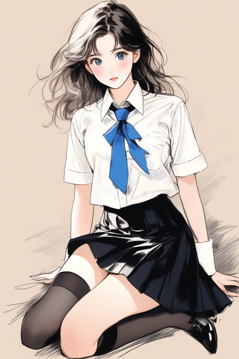 (Best quality, sketch:1.2),realistic,illustrator,anime,1 girl, details, [full length female mannequin], (photographic portrait), White shirt with blue tie, black skirt, sun skirt, fluffy skirt, knee length skirt, (black, nylon stockings), Low-heeled shoes, school shoes, black туфли, high-waisted skirt