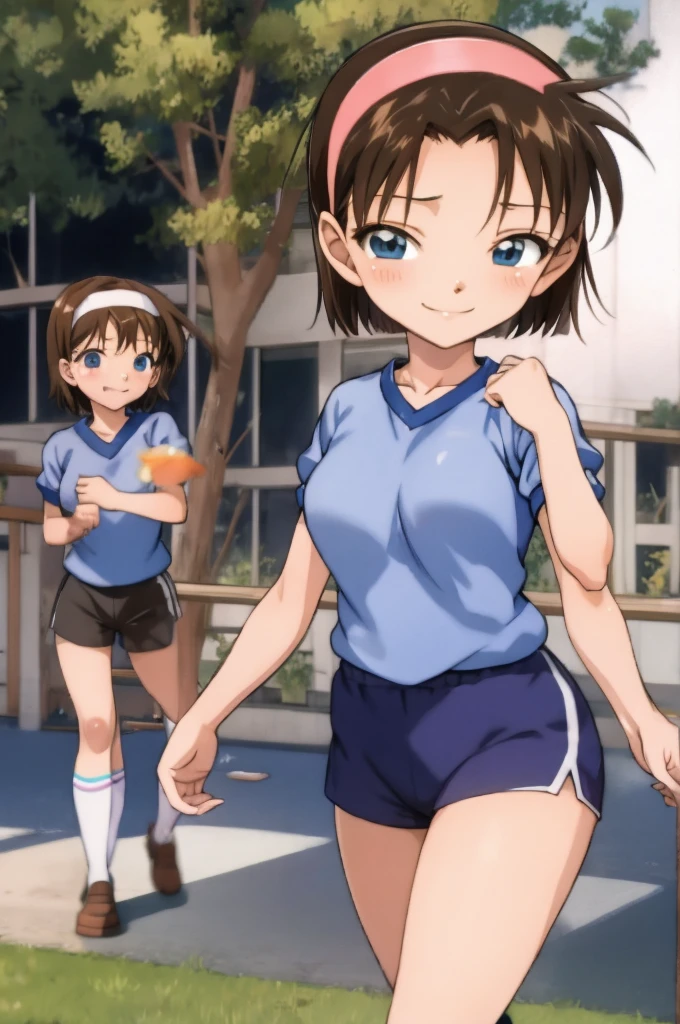 ayumiyoshida, , blue eyes, short hair, brown hair, bangs, hairband, school gym shirts,school gym shorts, smile, ,socks,,outdoor,medium breasts