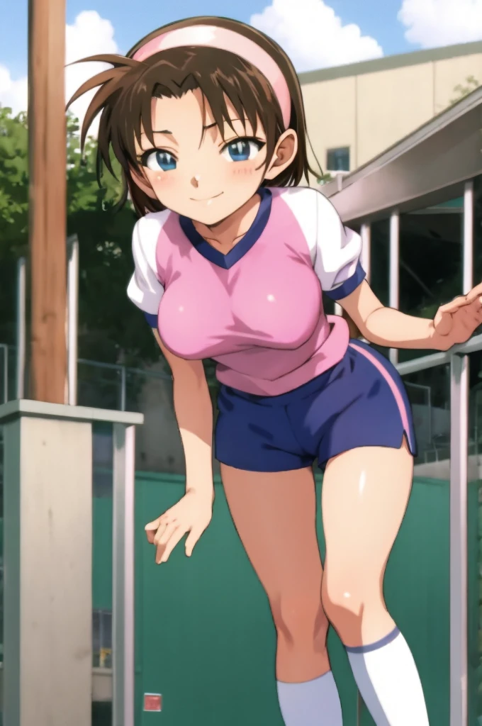 ayumiyoshida, , blue eyes, short hair, brown hair, bangs, hairband, school gym shirts,school gym shorts, smile, ,socks,,outdoor,medium breasts