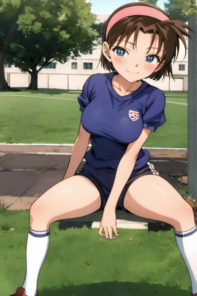 ayumiyoshida, , blue eyes, short hair, brown hair, bangs, hairband, school gym shirts,school gym shorts, smile, ,socks,,outdoor,medium breasts