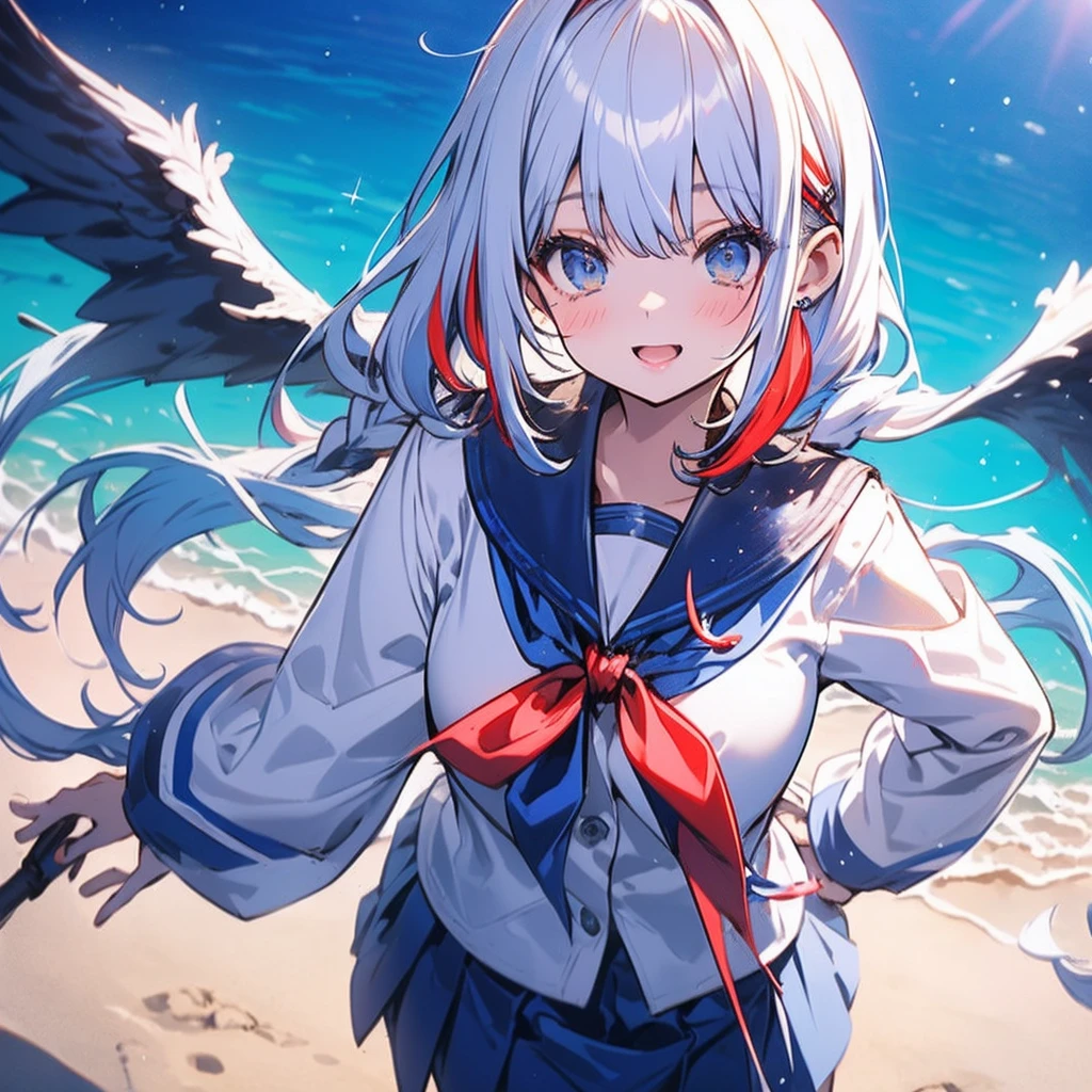 masutepiece++, Best Quality++, ultra-definition++, ultra-definition++, rey tracing, 4K or more++, 8K or more++, Slight details, (Background Focus )++,Young woman with golden laurel wreath, (((Ultramarine hair))), (((White dip dyed hair))), (((red streaked hair))),sailor,Sailor collar,White shirt, skirt by the,anchor,