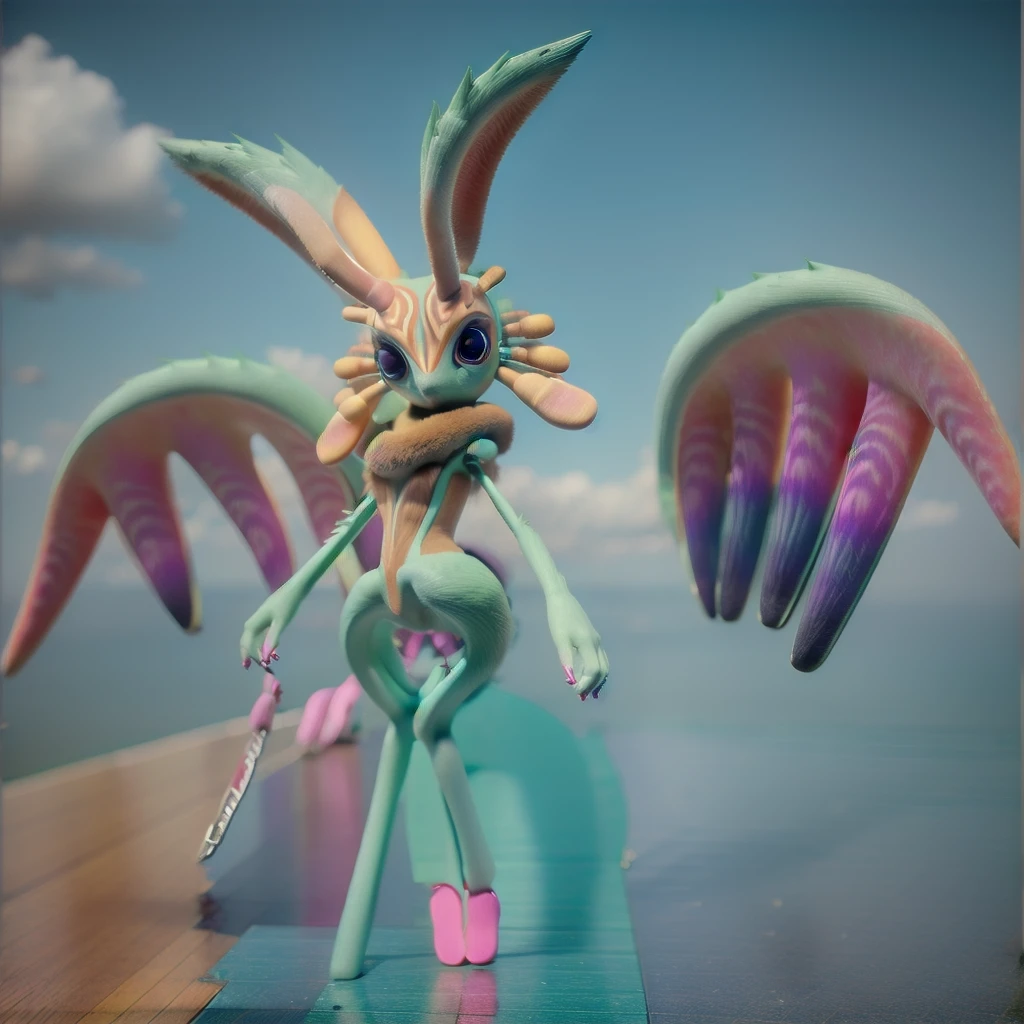 full body view of a creature, teal fur, yellow wing-shaped ears with stripes, horn, gills, black eyes with pink pupils, tufts of yellow hair around the neck, tail, having a lence in hand, in a teal green background