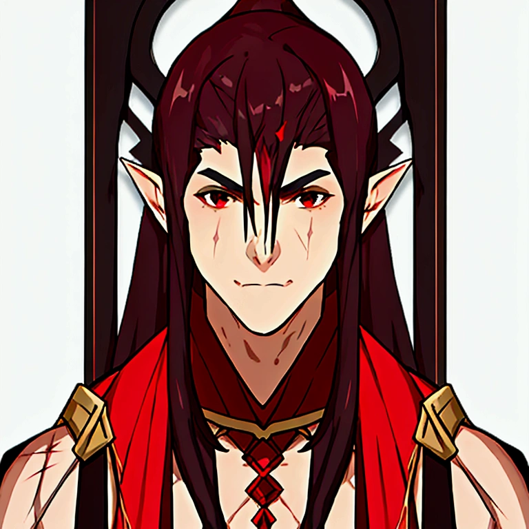 masterpiece, best quality, simple background, simple background, simple background, simple background, simple background, portrait, solo, 1man, 40 years, tall, muscular man, gradient black and red hair, muscular man, slightly swarthy skin tone, small scars on the , broad shoulders, muscular body, unique pointed ears