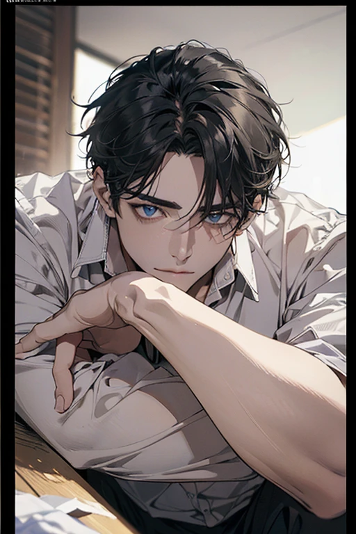 (Best Quality,4k,8k,high resolution,Masterpiece:1.2),ultra detailed,(realist,photorealist,photo-realist:1.37),1 man,31 years,mature man,very handsome,without expresion,muscled body,short gray black hair,Blue eyes,glare,perfect face without mistakes,imposing posture,businessman,office background,cinematic lighting,imagen HDR