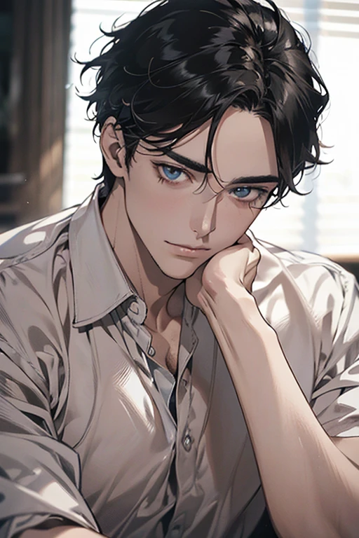 (Best Quality,4k,8k,high resolution,Masterpiece:1.2),ultra detailed,(realist,photorealist,photo-realist:1.37),1 man,31 years,mature man,very handsome,without expresion,muscled body,short gray black hair,Blue eyes,glare,perfect face without mistakes,imposing posture,businessman,office background,cinematic lighting,imagen HDR