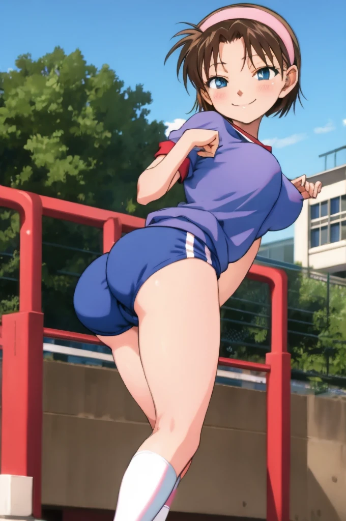 ayumiyoshida, , blue eyes, short hair, brown hair, bangs, hairband, school gym shirts,school gym shorts, smile, ,socks,,outdoor,medium breasts,nsfw