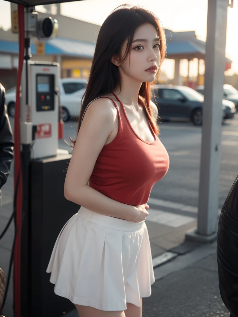 full body shot, Best quality, 20y, (chubby:1.2), 1girl, kazakh, wearing floral tanktop, skirt, big breast, (sexy:1.2) (redhead:1.2), hair blowing in the wind, moody, dep shadow, posing in gas station, detailed face and eyes, (perfect object:1.2), kodacrhome, (cinematic dark lighting:1.3), (ultra highres;1.3), highly detailed:1.3), masterpiece, sharp focus, beautiful film bokeh, surreal view, candid style, shot by zenit camera with 35mm lens, Portrait by annie leibovitz