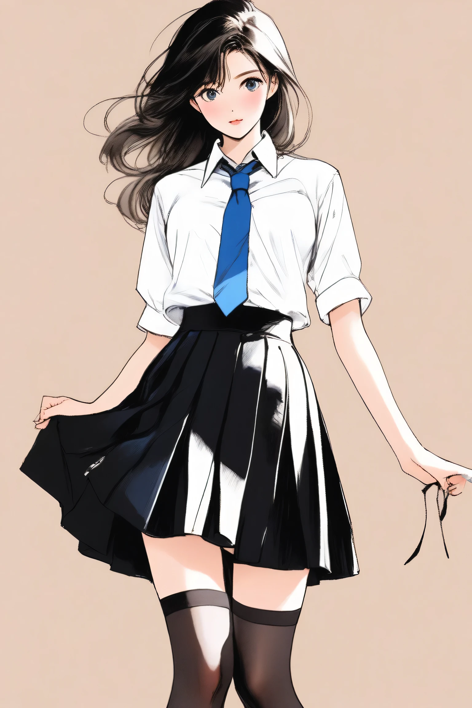 (Best quality, sketch:1.2),realistic,illustrator,anime,1 girl, details, [full length female mannequin], (photographic portrait), White shirt with blue tie, black skirt, sun skirt, fluffy skirt, knee length skirt, (black, nylon stockings), Low-heeled shoes, school shoes,  , black туфли, high-waisted skirt 