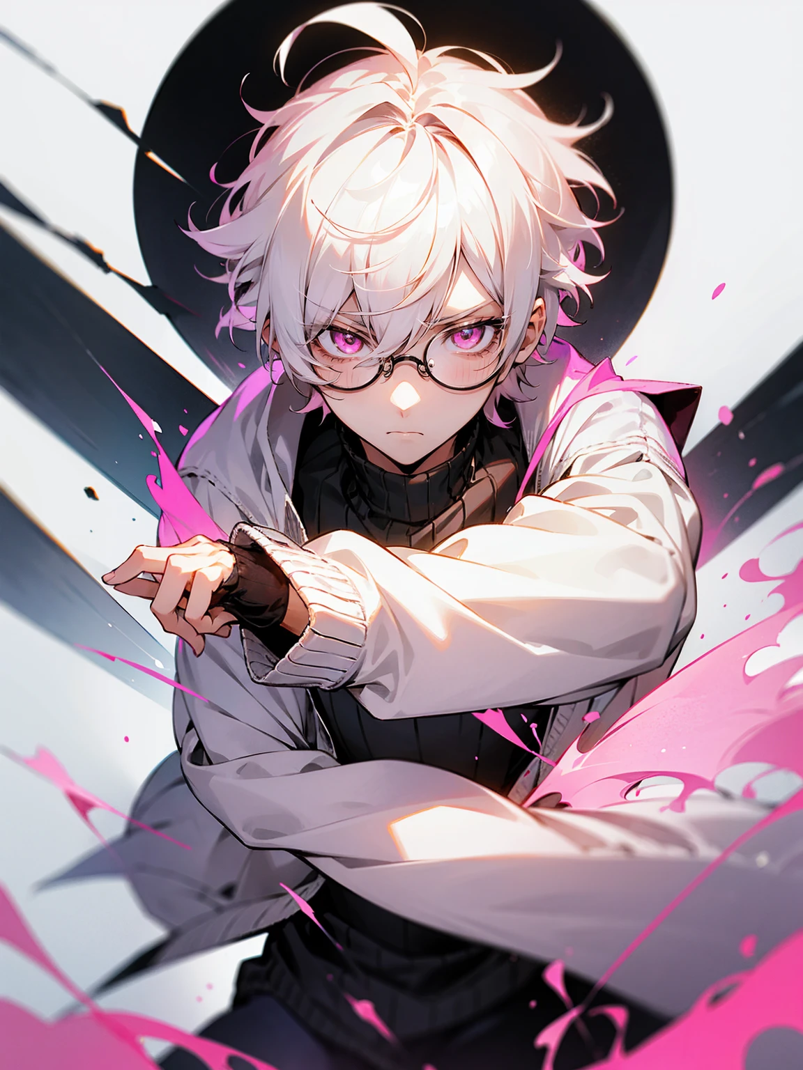 1male, white hair, messy hair, short hair, pink eyes, long sleeve sweater, circular glasses, serious expression, class