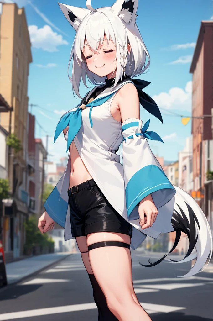 masterpiece, best quality, white hair, single side braid, ahoge, fox tail, fubukidefault, white blouse, [[midriff peek]], detached sleeves, black short shorts, blue neckerchief, thigh strap, single thighhigh, walking, looking at viewer, from side, smile, closed eyes, happy, , city street