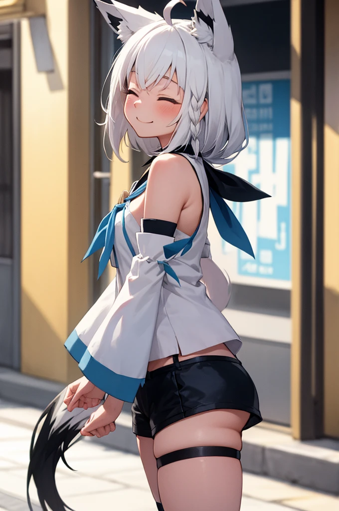 masterpiece, best quality, white hair, single side braid, ahoge, fox tail, fubukidefault, white blouse, [[midriff peek]], detached sleeves, black short shorts, blue neckerchief, thigh strap, single thighhigh, walking, looking at viewer, from side, smile, closed eyes, happy, , city street