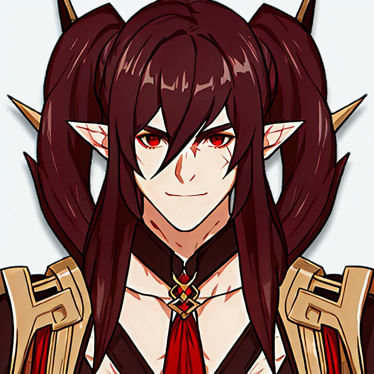 masterpiece, best quality, simple background, simple background, simple background, simple background, simple background, portrait, solo, 1man, 40 years, tall, muscular man, black and red hair, muscular man, slightly swarthy skin tone, small scars on the body, broad shoulders, muscular body, unique pointed ears