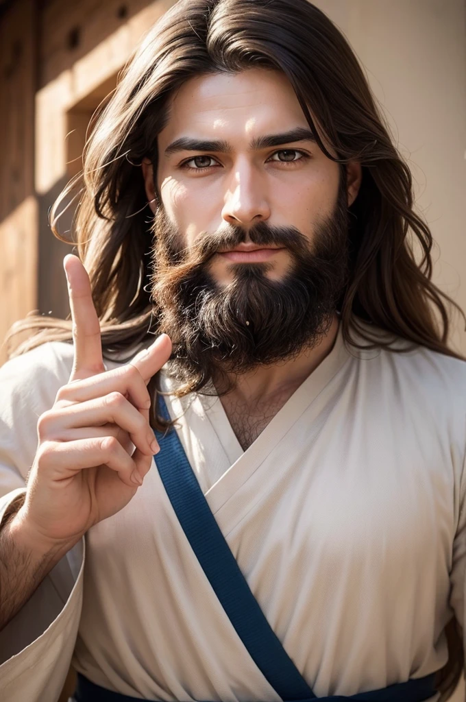 Create an image of a man who looks like Jesus, focusing from the waist up, em um close-up. He must have long brown hair, expressive eyes, well-groomed beard and wearing traditional clothing such as a white tunic. One of your arms should be raised, with your finger pointed at the screen. His expression should be serene and welcoming, as if blessing or praying."