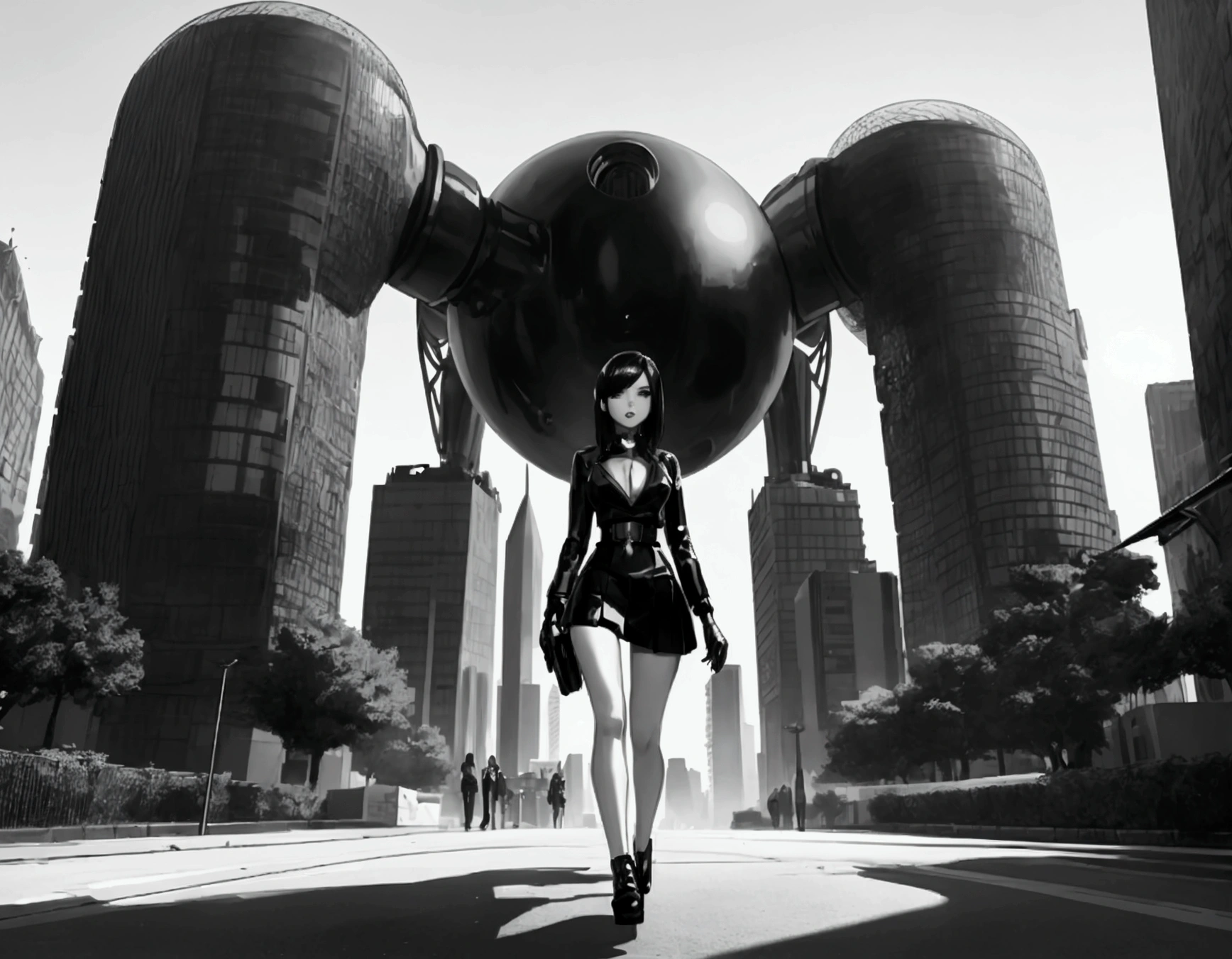 (full body view) girl with dark hair and defined face, wearing a very short miniskirt,walking in a retrofuturistic atompunk style park, outdoor scene surrounded by huge buildings googie art,(masterpiece,detailed) (high contrast)