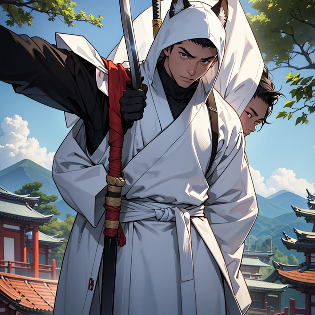 There is only one young man, with in about: 1 meter and 60 cm high. It weighs 45 kilos. He wears a white samuari suit and a katana in his right hand..
The scenario is the following: They are years old ilike there from the 10th century D.c.
it's a sunset, There is fire and blood on the ground because there is a war. And the young man stands, Looks stunning in the evening light. Despite being young, his aurua imposes. And the burning fire of war decorates the scene.