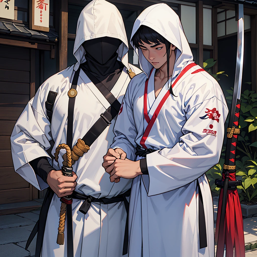 There is only one 17 year old young man, with in about: 1 meter and 60 cm high. It weighs 45 kilos. He wears a white samuari suit and a katana in his right hand.. 

The scenario is the following: They are years old in Japan, like there from the 10th century D.c.
 it&#39;s a sunset, There is fire and blood on the ground because there is a war. And the young man stands,  Looks stunning in the evening light. Despite being young, his aurua imposes. And the burning fire of war decorates the scene.