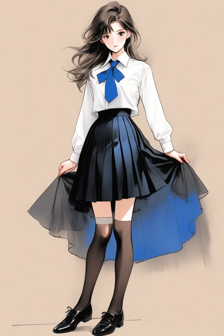 (Best quality, sketch:1.2),realistic,illustrator,anime,1 girl, details, [full length female mannequin], (photographic portrait), White shirt with blue tie, black skirt, sun skirt, fluffy skirt, knee length skirt, (black, nylon stockings), Low-heeled shoes, school shoes, black туфли, high-waisted skirt, skirt with corset
