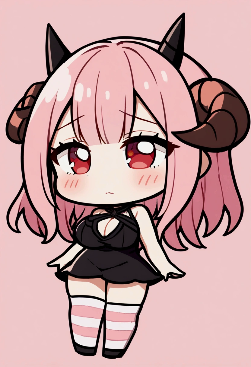 1girl with long pink hair, red eyes, two horns on head, big breasts, short black dress, pink and white striped stockings, shy face, chibi style