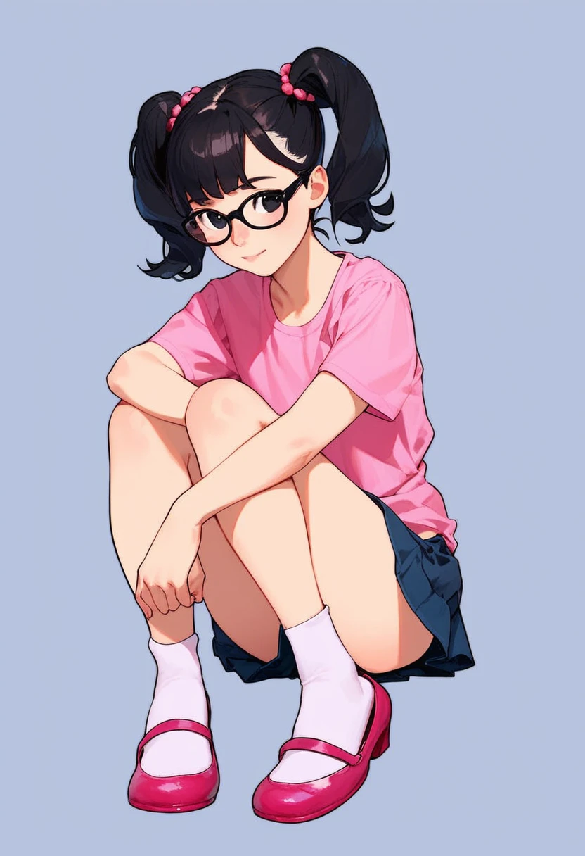 ashley, 1girl, solo, full body, black glasses, black hair, pigtails, pink shirt, short sleeves, white socks, pink mary janes, black eyes, simple background,