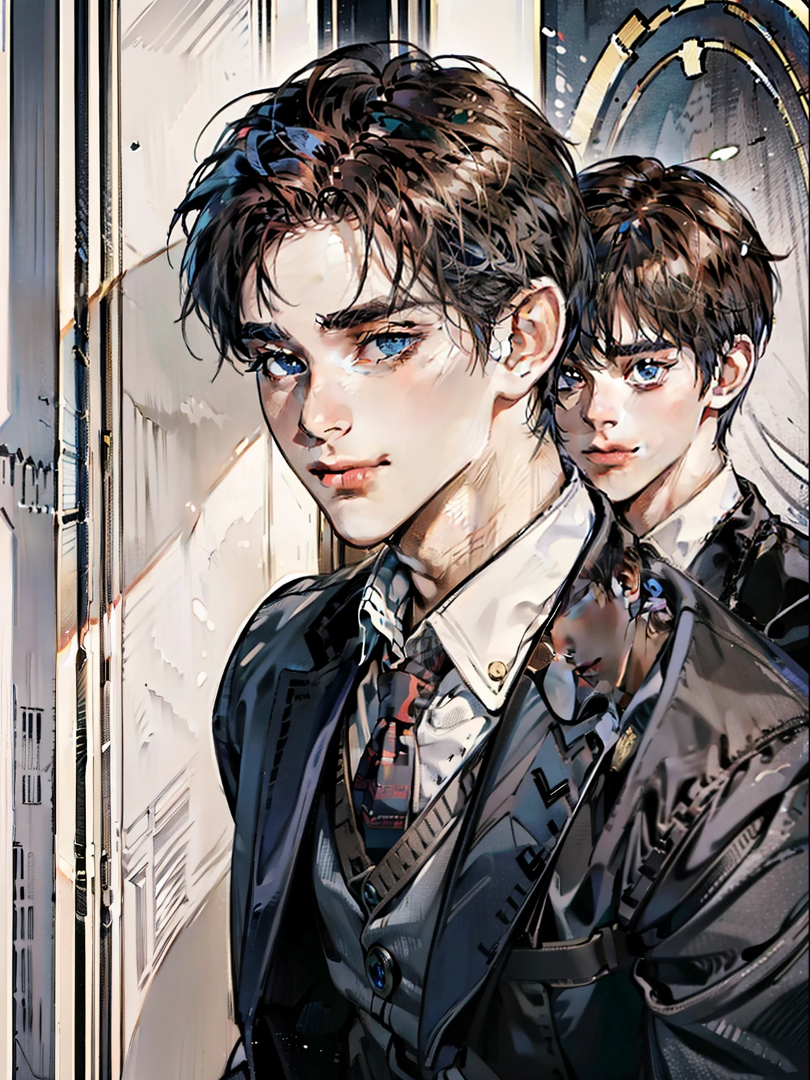 masterpiece, best quality, realistic, 1man, mature male, quiet and charming  man, 25 year old, serious look, closed mouth, portrait, extremely detailed face, cold smile in love, ((dark grey blue eyes)), ((short-right-swept dark Red hair)), [thick eyebrows], ((suit)), handsome, full body, western, Jewish, light brown skin,