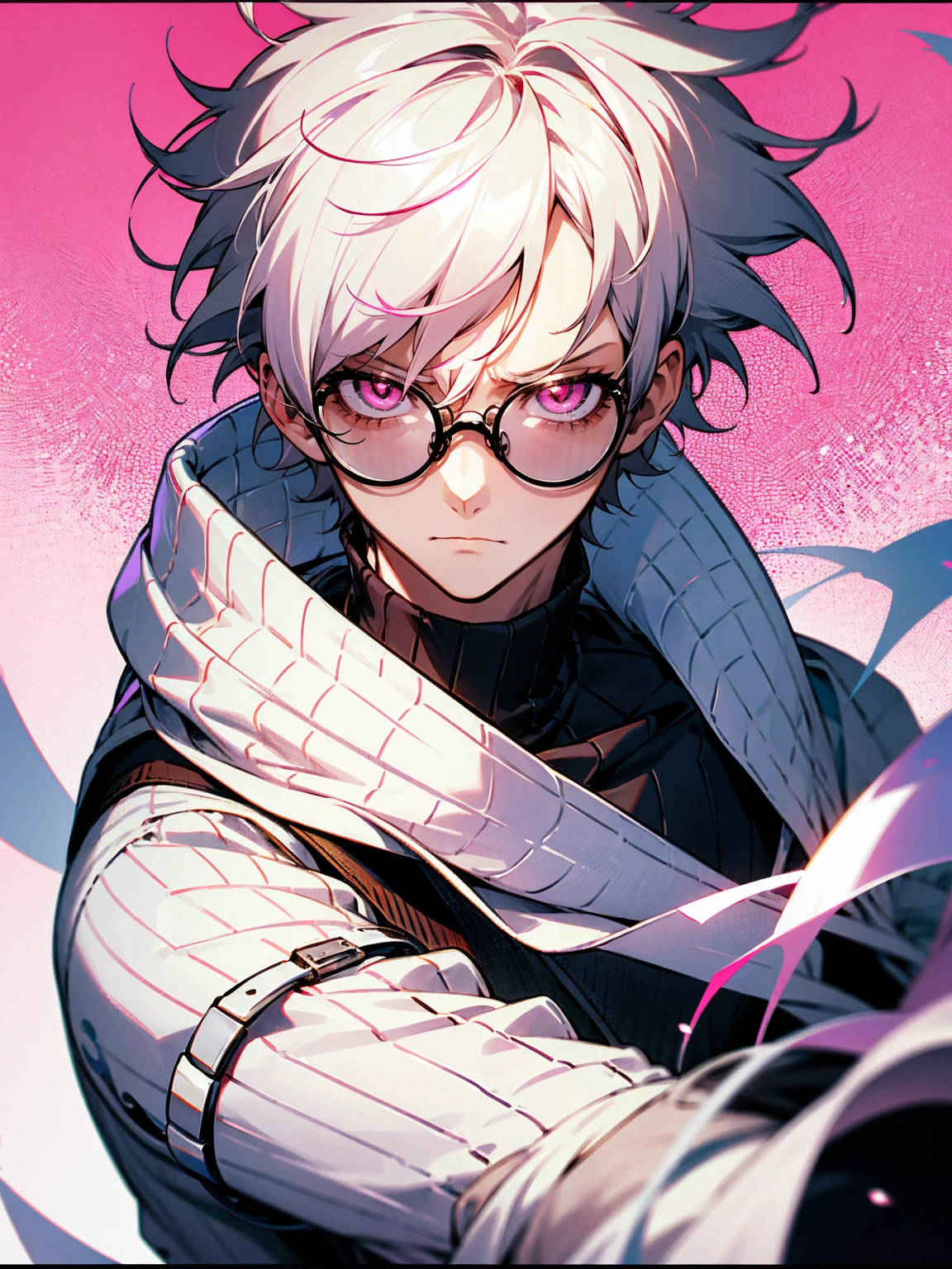 1male, white hair, messy hair, short hair, pink eyes, sweater, circular glasses, serious expression, class