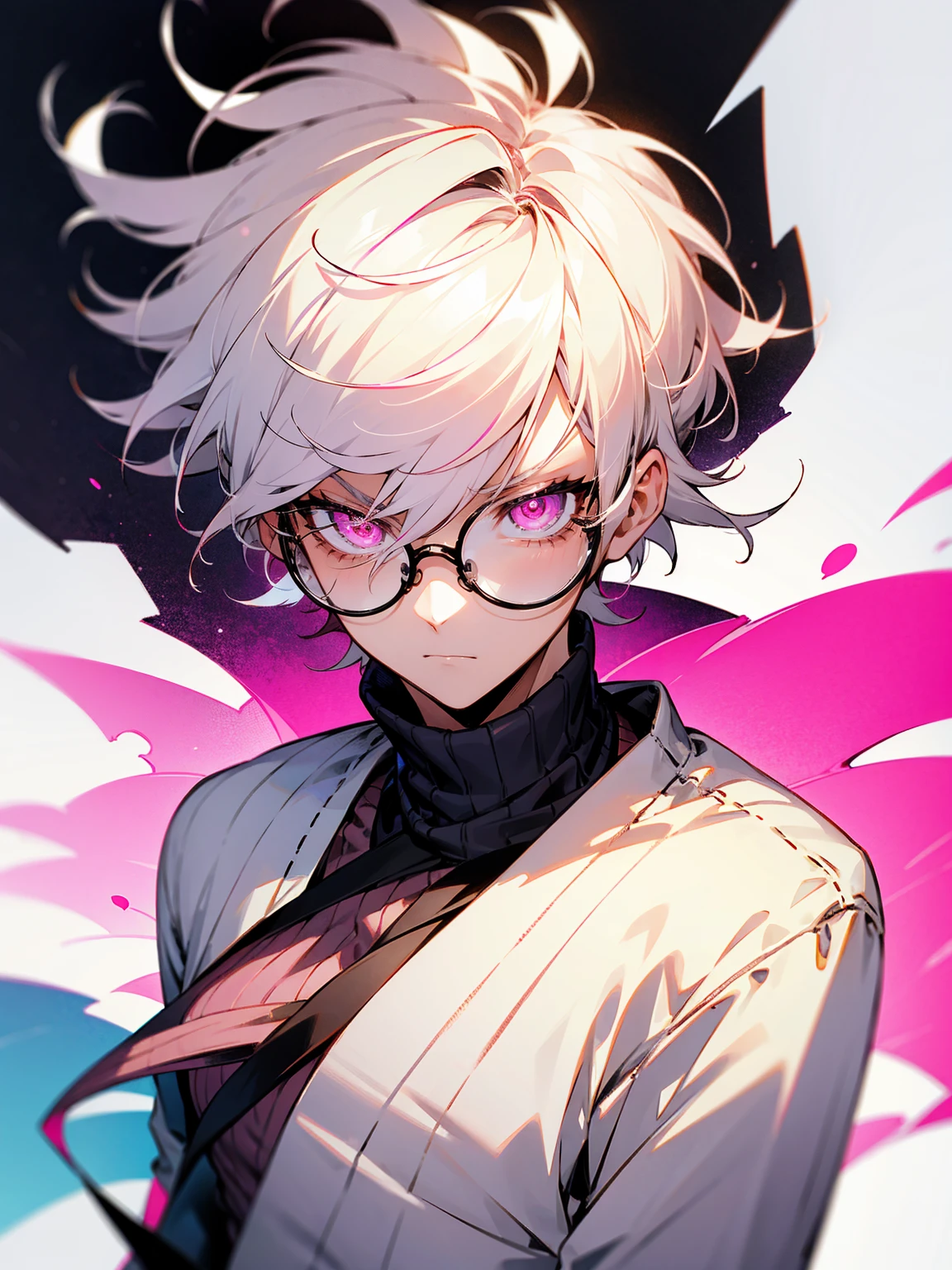 1male, white hair, messy hair, short hair, pink eyes, sweater, circular glasses, serious expression, class