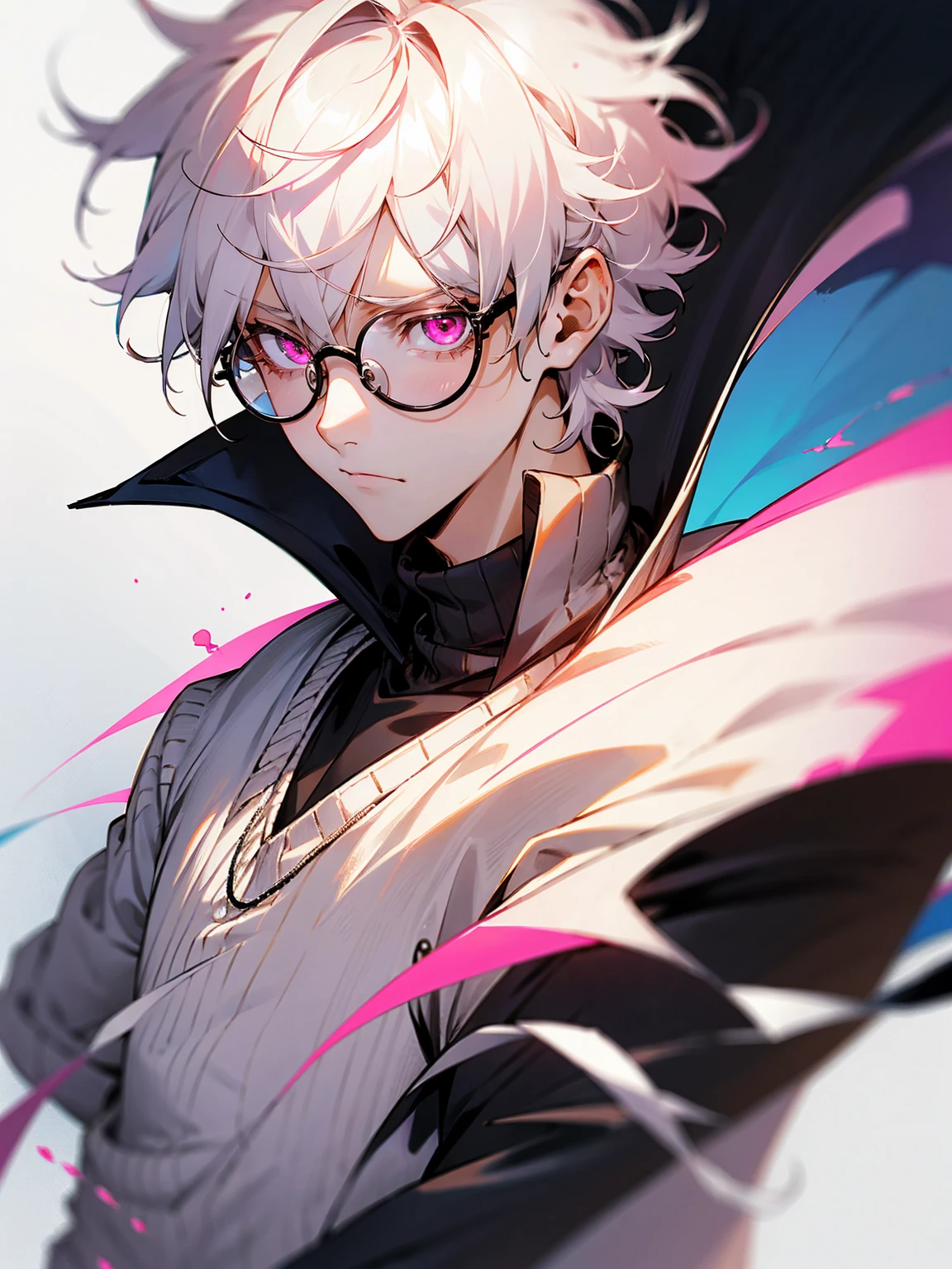 1male, white hair, messy hair, short hair, pink eyes, sweater, circular glasses, serious expression, class