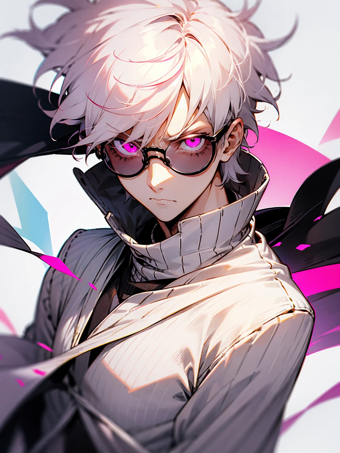 1male, white hair, messy hair, short hair, pink eyes, sweater, circular glasses, serious expression, class