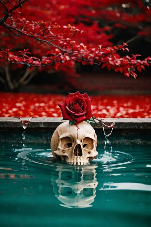 A human skull lies in a pool of scarlet blood holding a scarlet branch of a scarlet rose in its teeth. the sky is raining