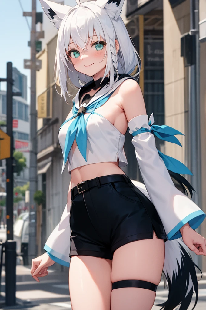 masterpiece, best quality, white hair, single side braid, ahoge, fox tail, fubukidefault, white blouse, [[midriff peek]], detached sleeves, black short shorts, blue neckerchief, thigh strap, single thighhigh, walking, looking at viewer, happy, , city street