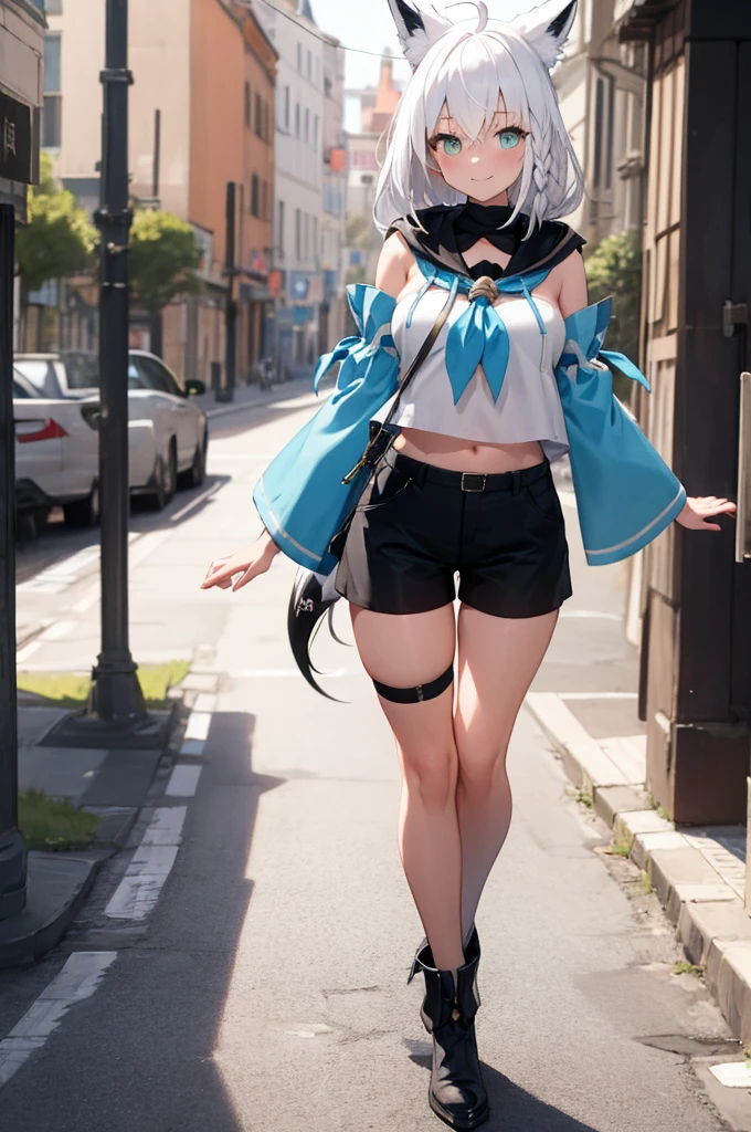 masterpiece, best quality, white hair, single side braid, ahoge, fox tail, fubukidefault, white blouse, [[midriff peek]], detached sleeves, black short shorts, blue neckerchief, thigh strap, single thighhigh, walking, looking at viewer, happy, , city street